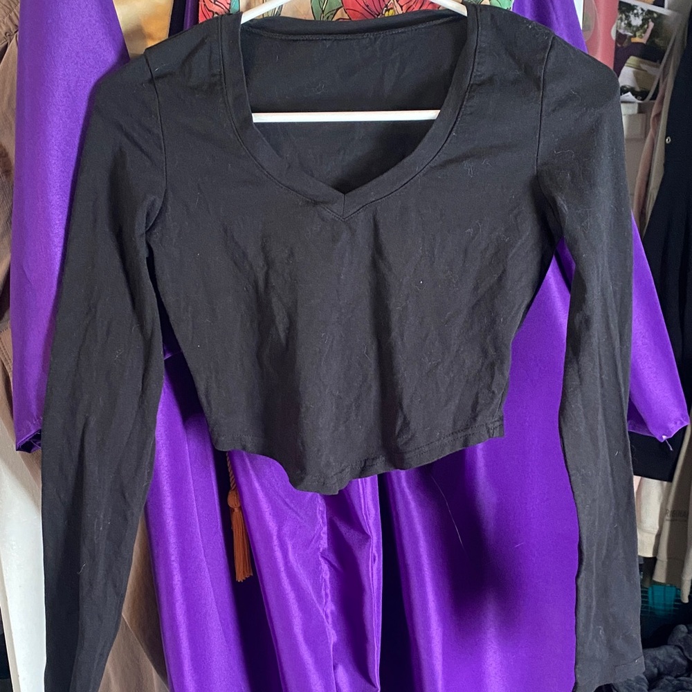 Elegant Black V-Neck Long Sleeve Crop Top